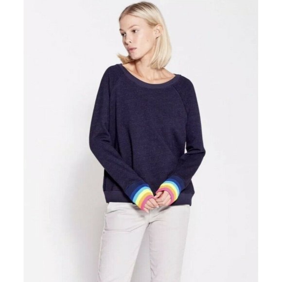 Sundry Sweaters - Sundry Navy Heathered Blue Long Sleeve Rainbow Cuff Sweatshirt Top Sz 2 Small